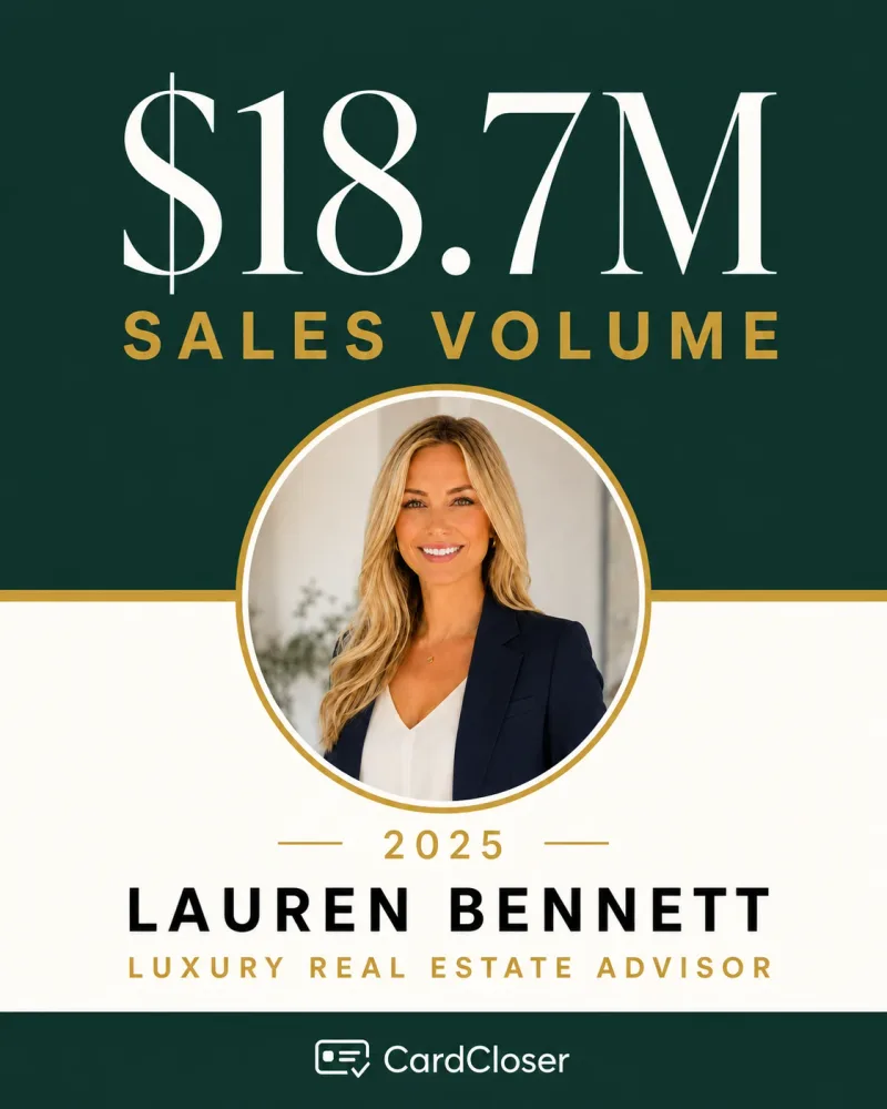 An agent highlight graphic with a circular portrait and a production result.