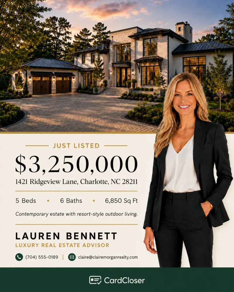 A property graphic featuring a luxury home and a standing agent portrait.