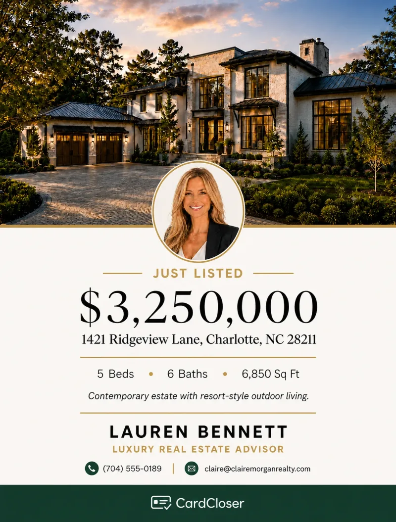 A property graphic showing a Charlotte home with the price, address and the agent's contact details.
