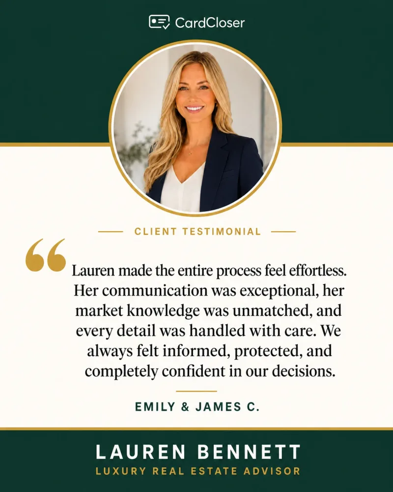 A client testimonial graphic with a circular agent portrait and a quoted review.
