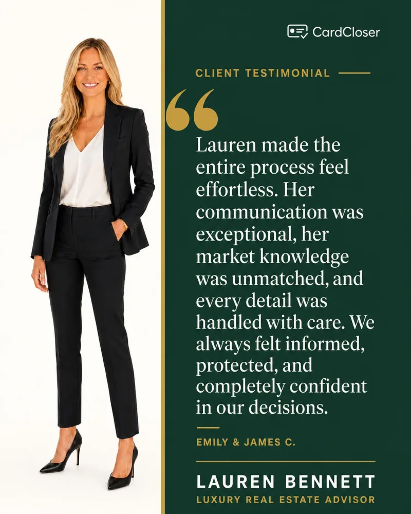 A client testimonial graphic with a standing agent portrait beside the quote panel.